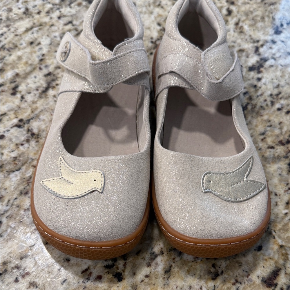 Livie & Luca Girls Cream Shimmer Mary Janes with Bird Appliqués